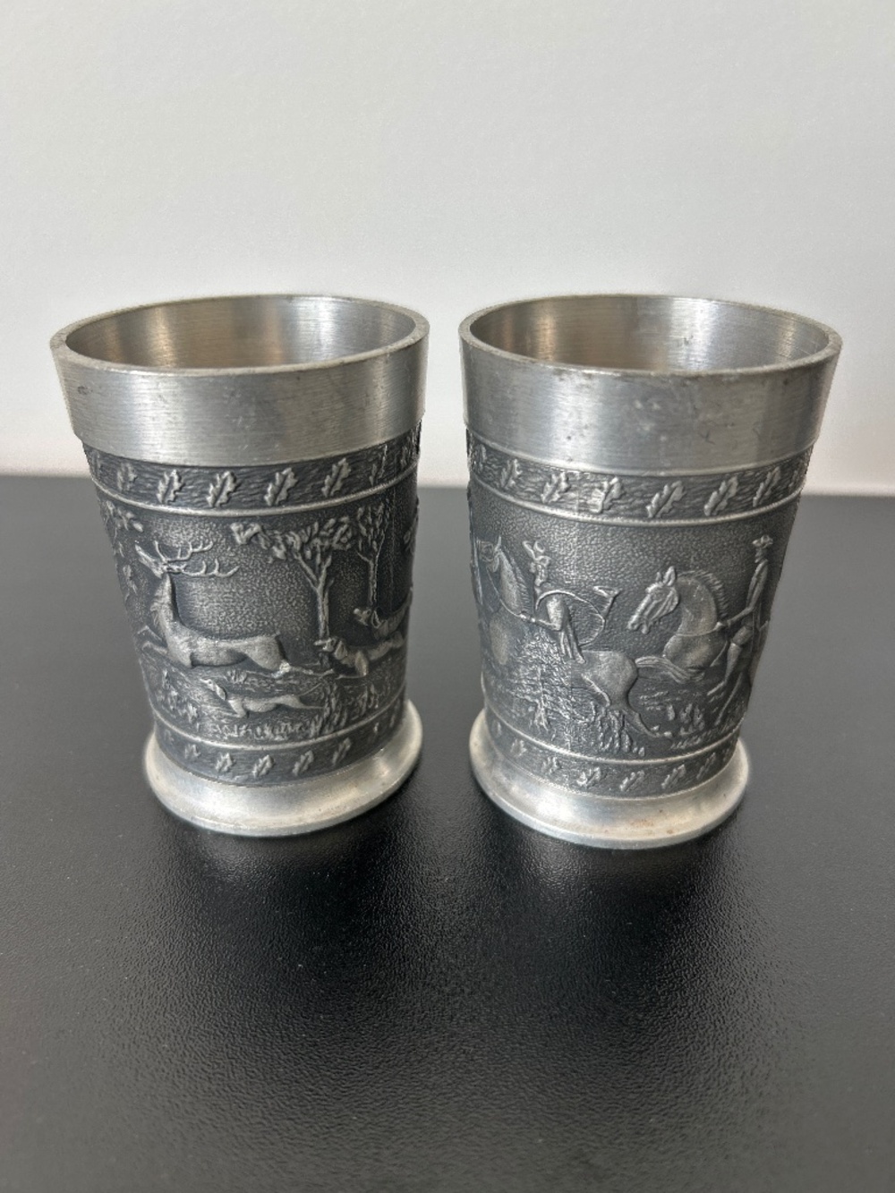 Set of 2 Small Antique Pewter Germanic Midieval Style Cups Hunting Scene
